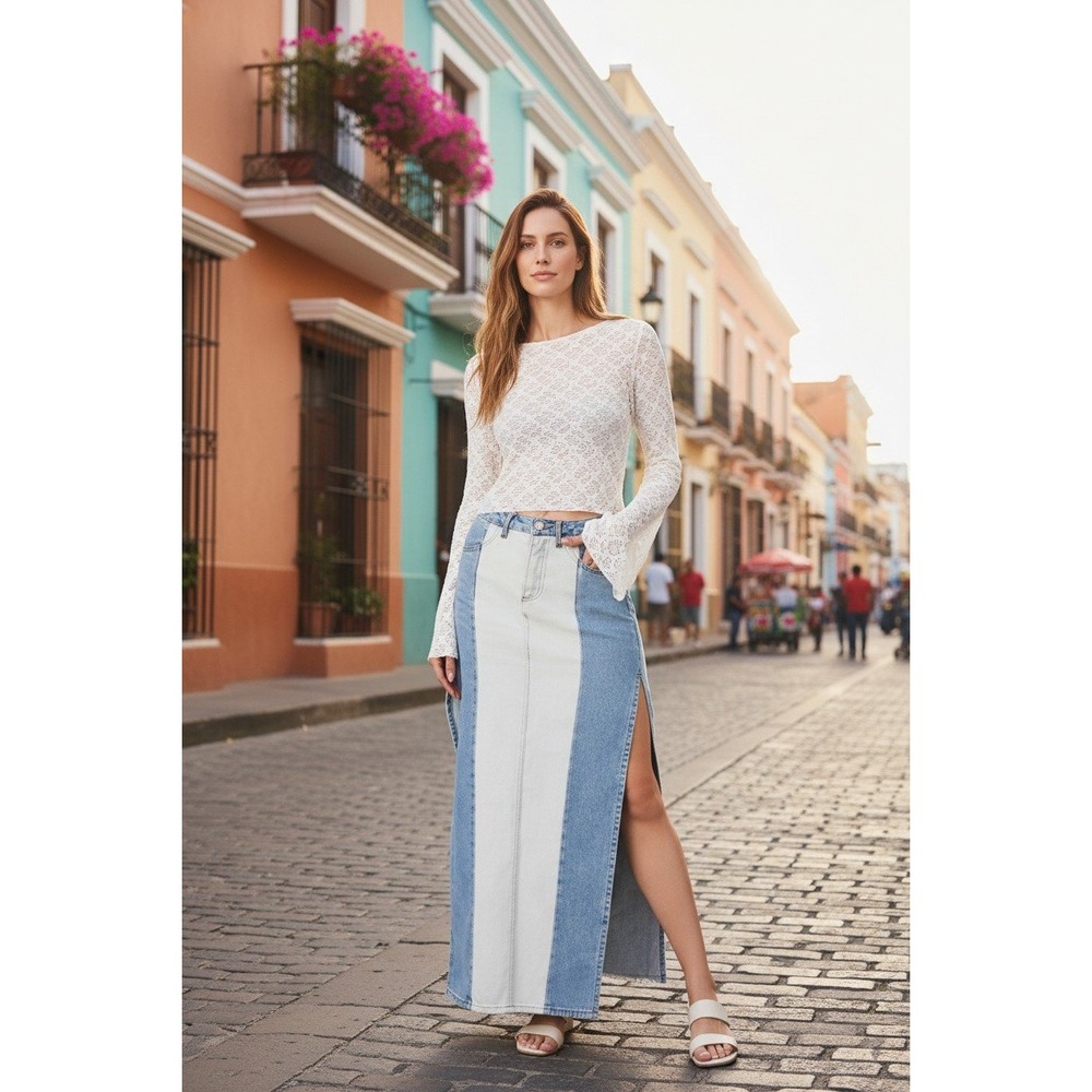 Forever 21 Denim Maxi Skirt Women S Blue 2 Tone Colorblock Side Slit Raw Hem